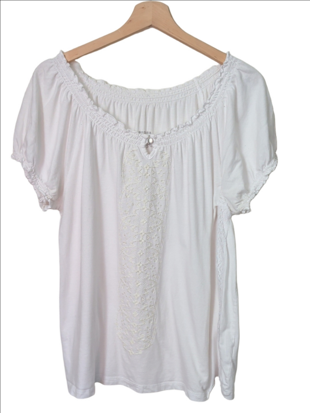 Sonoma Lifestyles Top White Peasant Blouse Lace LP Embroidered Front Boho Beach